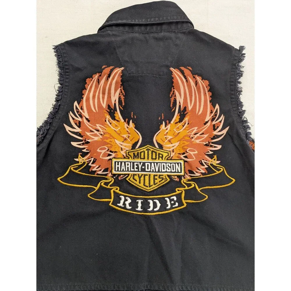 Y2K Biker Grunge Women S Harley Davidson Eagle Tie Front Moto Vest 90s
